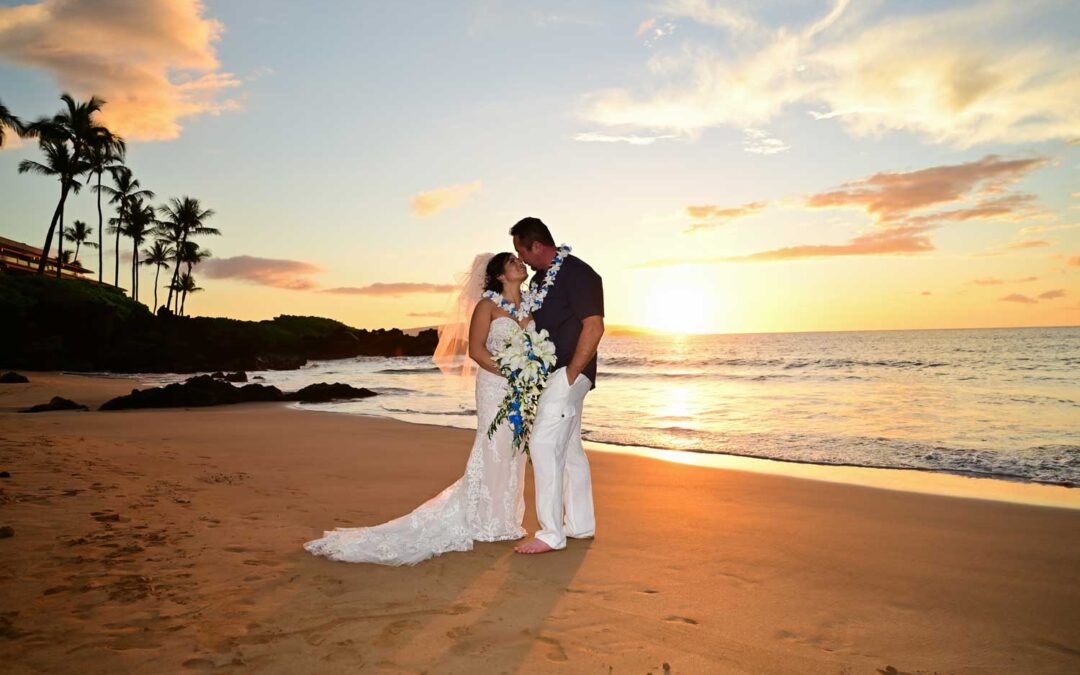 Maui wedding couple on secluded Po'olenalena Beach at sunset